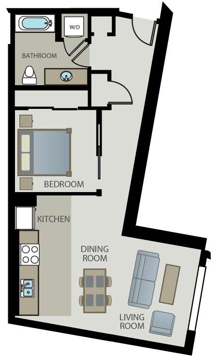 A floor plan of a small apartment with a bedroom, kitchen, and living room.