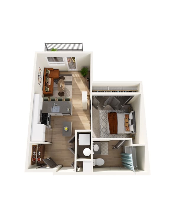 A top down view of a small apartment with a kitchen, living room, and bedroom.