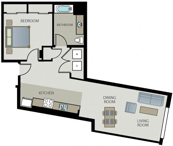 A floor plan of a house with a kitchen, living room, dining room, bedroom and bathroom.
