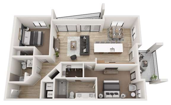 A 3D floor plan of a house with a kitchen, living room, and bathroom.
