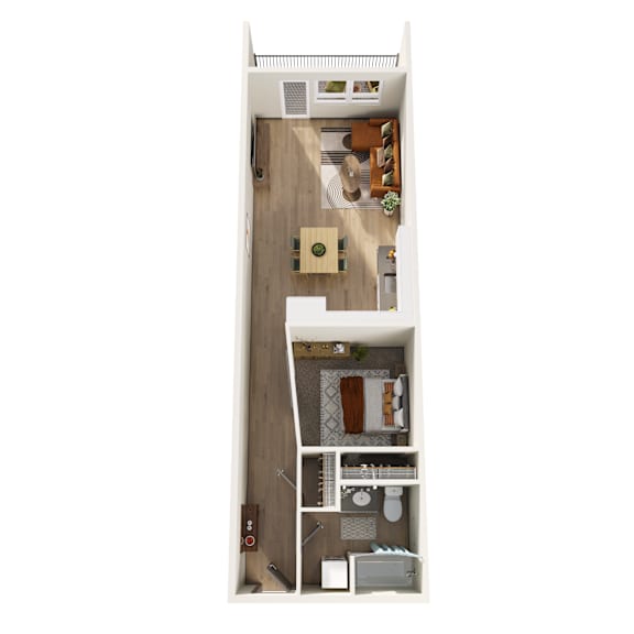 A top-down view of a small apartment with a kitchen, living room, and bathroom.