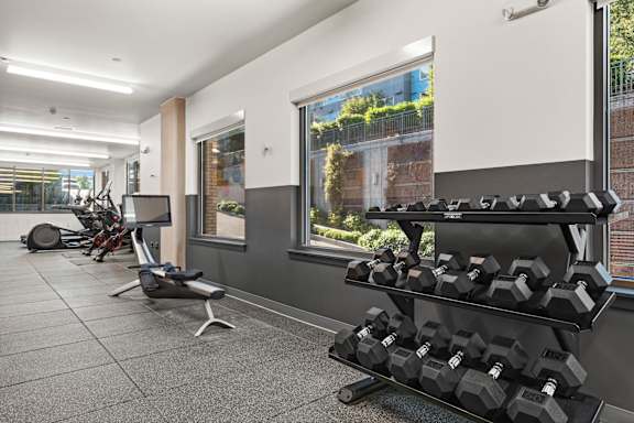a gym with weights and a window in a building