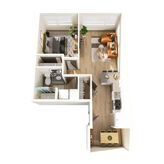 A top down view of a small apartment with a kitchen, living room and bedroom.