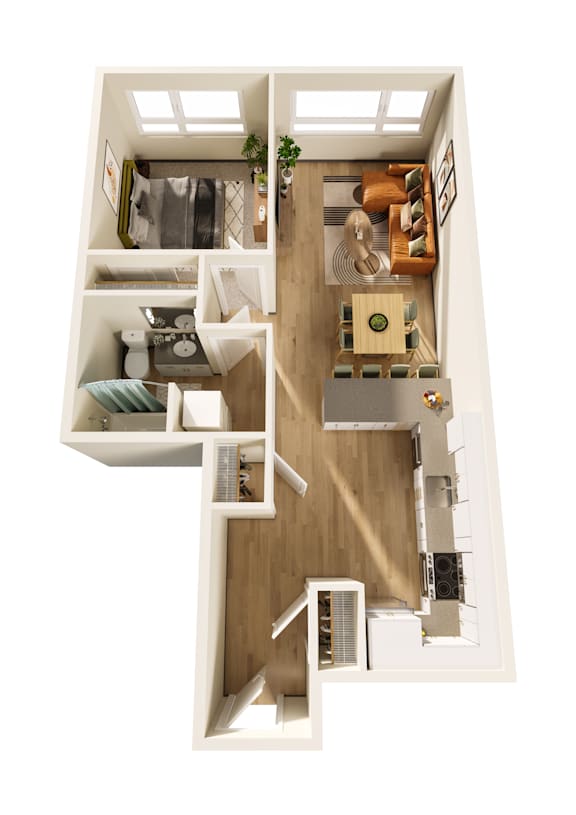 A top-down view of a small apartment with a kitchen, living room, and bathroom.