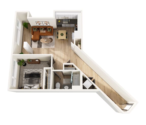 A top down view of a modern apartment with a kitchen, living room, and bathroom.