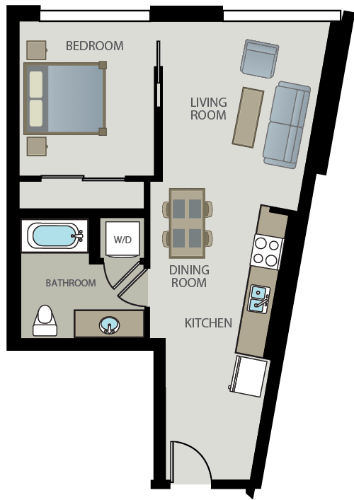 A floor plan of a small apartment with a bedroom, living room, dining room, kitchen, and bathroom.
