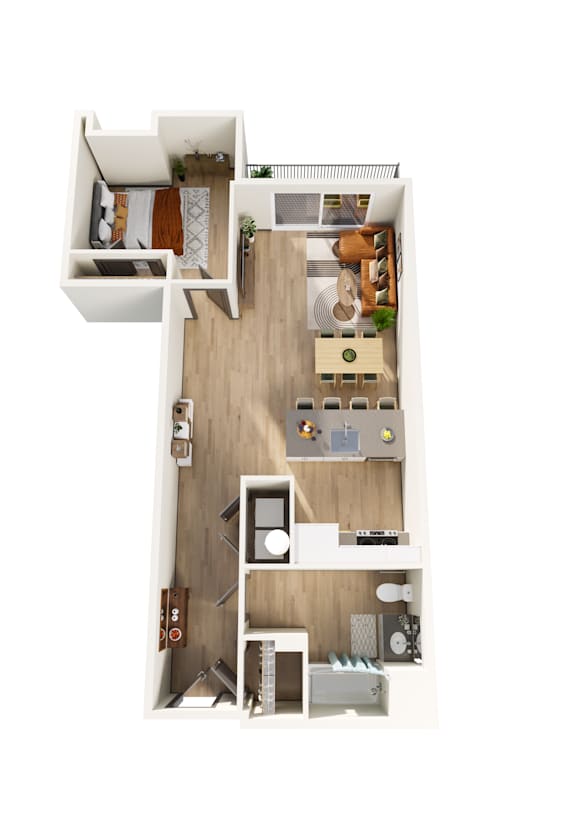 A top-down view of a small apartment with a kitchen, living room, and bedroom.