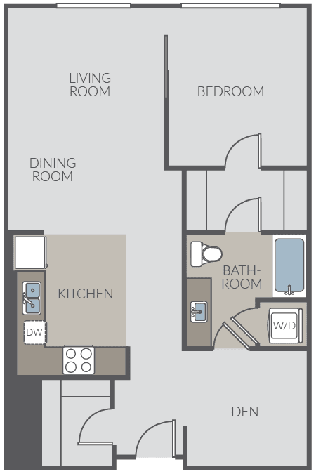 A floor plan of an apartment with a living room, dining room, kitchen, bathroom, and den.