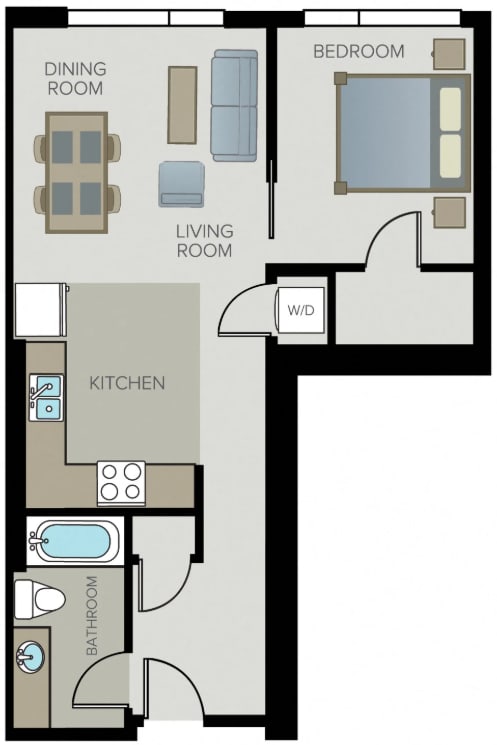 A floor plan of a small apartment with a living room, dining room, kitchen, and bathroom.