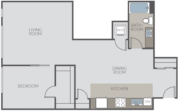 A floor plan of a house with a living room, dining room, kitchen, and two bedrooms.