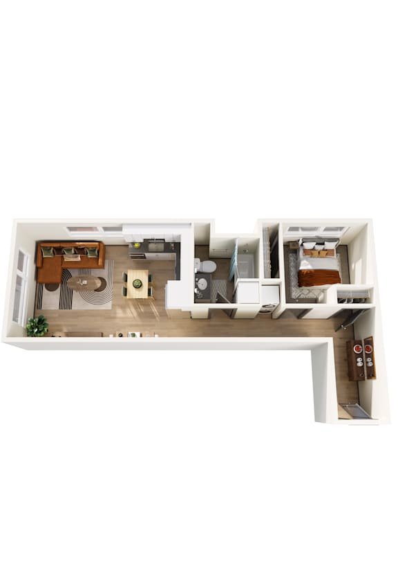A top down view of a house interior with a kitchen, living room, and bedrooms.
