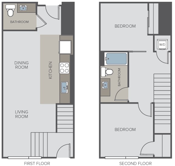 A floor plan of a two-story apartment with labeled rooms.