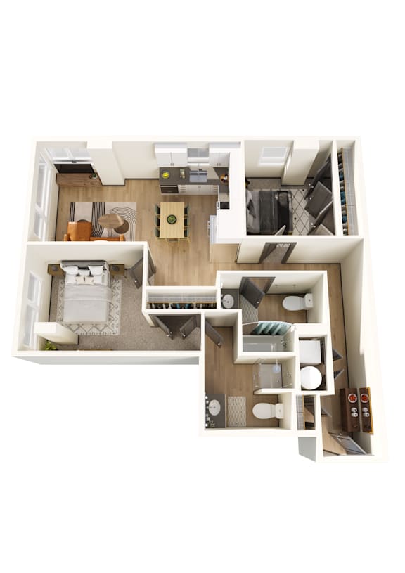 Floor Plan  A top down view of a small apartment with a kitchen, living room, and bathroom.