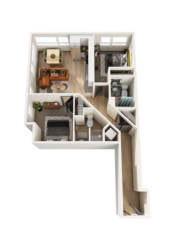 A white floor plan of a house with a kitchen, living room, and bathroom.