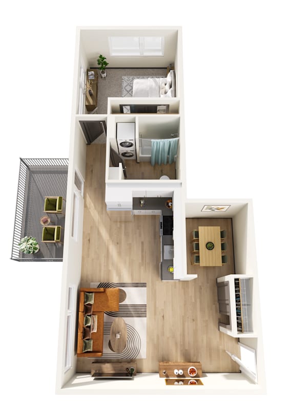 A top-down view of a small apartment with a kitchen, living room, and bathroom.