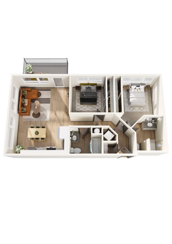 A top down view of a house layout with a kitchen, living room, and bedrooms.