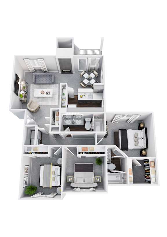 A 3D floor plan of a house with multiple rooms.