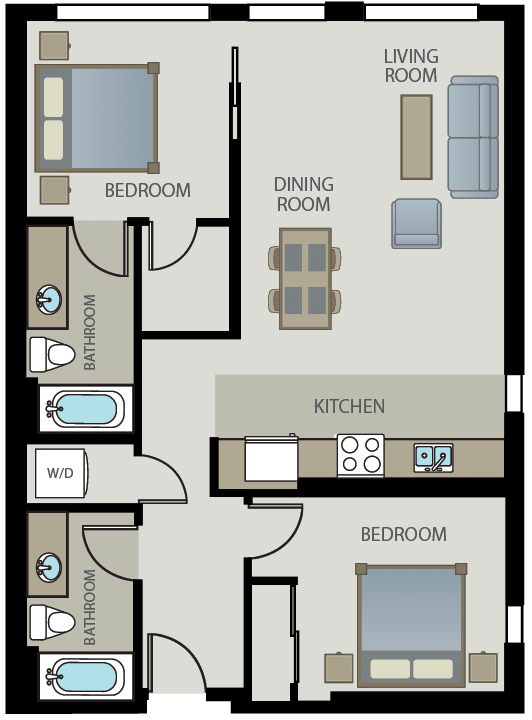 A floor plan of a small apartment with a living room, dining room, kitchen, and two bedrooms.