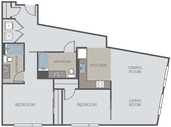 A floor plan of a house with a living room, dining room, kitchen, two bedrooms, a bathroom, and a laundry area.