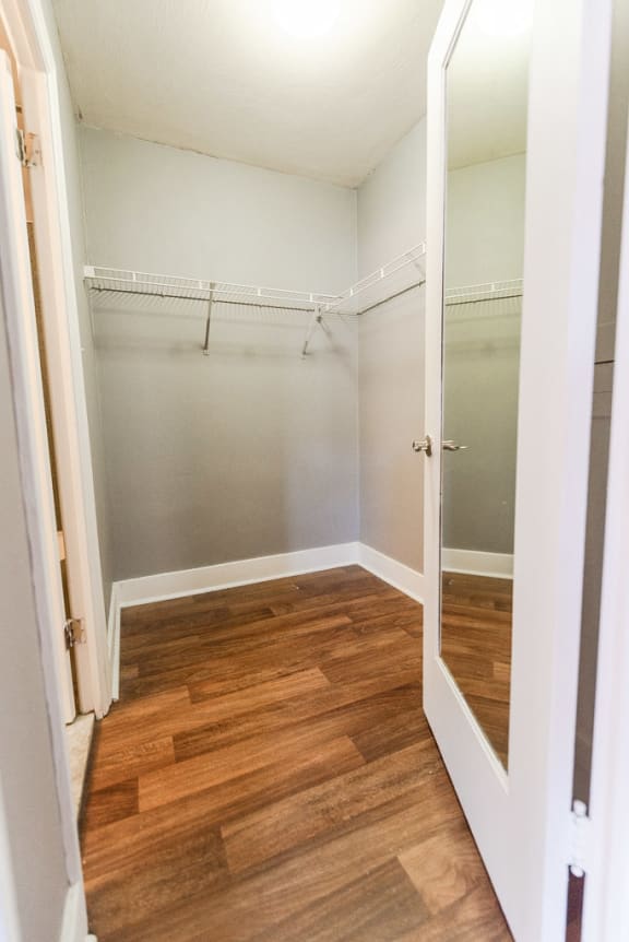 a walk in closet with a mirror and a wood floor