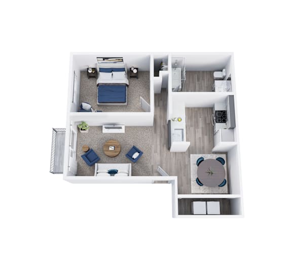 A top-down view of a modern apartment with a kitchen, living room, and bedroom.