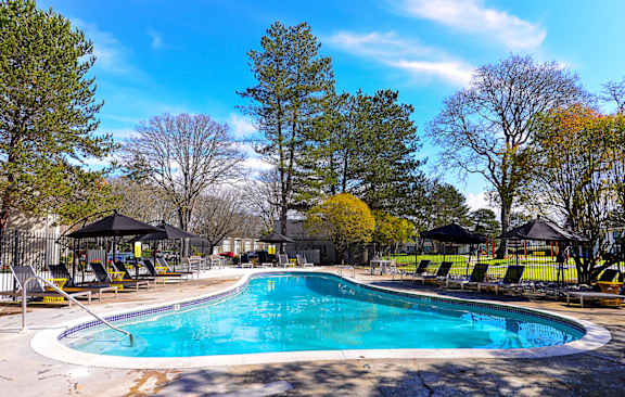 a swimming pool with chairs and umbrellas at the resort on a sunny day