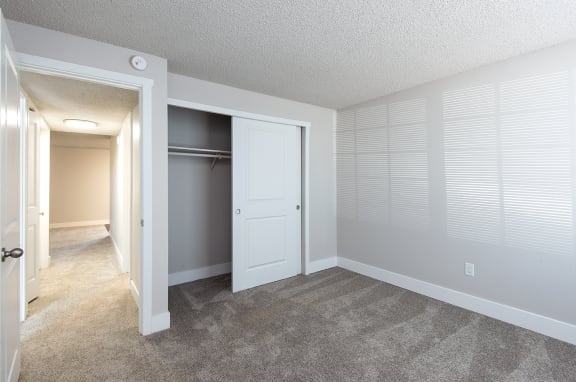 an empty bedroom with a closet and an open door