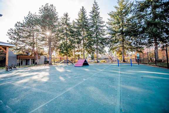 A tennis court surrounded by trees and a fence. at Northpoint Apartments, Tacoma, WA, 98407