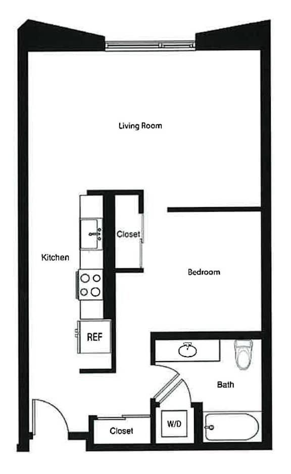 A black and white image of a floor plan for a living room, kitchen, and bedroom.