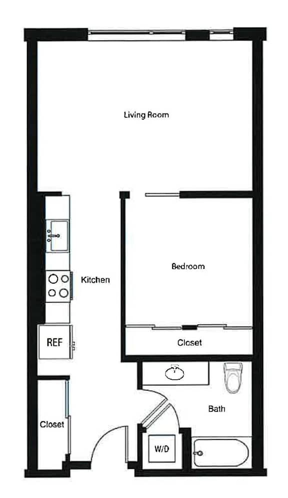 A floor plan of a small apartment with a living room, kitchen, bedroom, and bathroom.