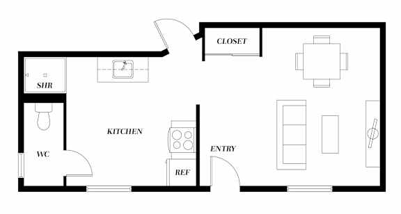 Floor Plan  A floor plan of a house with a kitchen, bathroom, and closet.