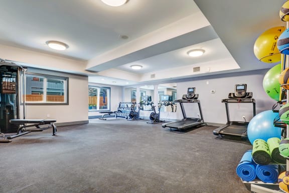 the preserve at ballantyne commons fitness room with weights and balloons