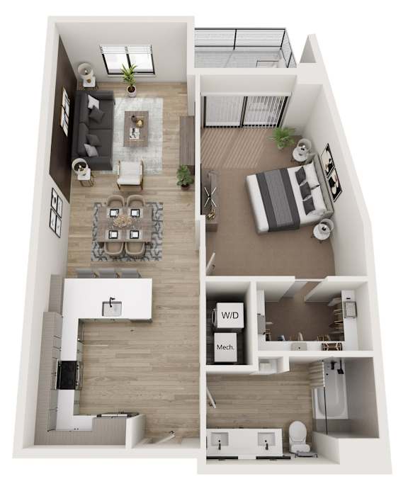 A top-down view of a modern apartment layout with a living room, dining area, kitchen, and bedrooms.