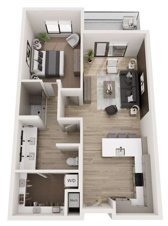 A top-down view of a modern apartment layout with labeled sections.