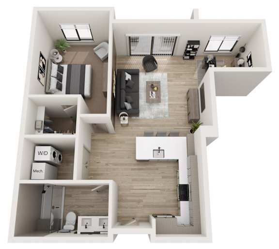A top-down view of a modern apartment layout with a living room, kitchen, and two bedrooms.