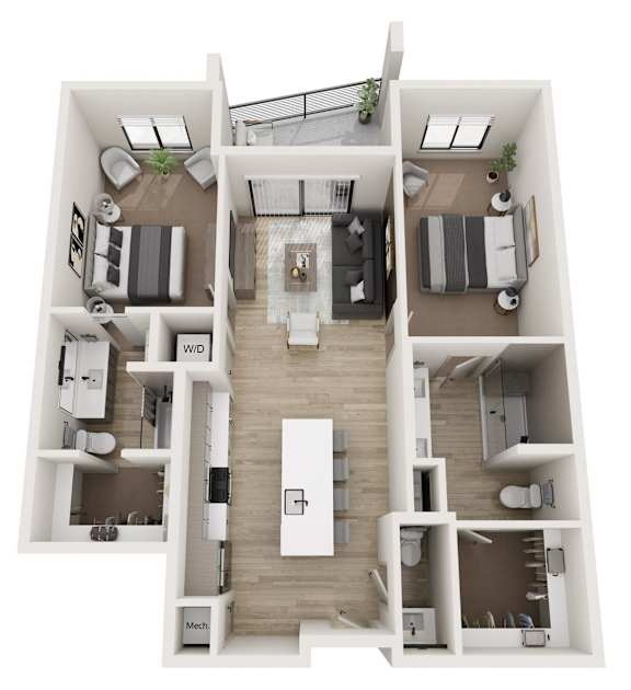 A 3D floor plan of a modern apartment layout.