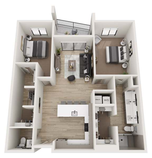 A top-down view of a modern apartment layout with a kitchen, living room, and bedrooms.