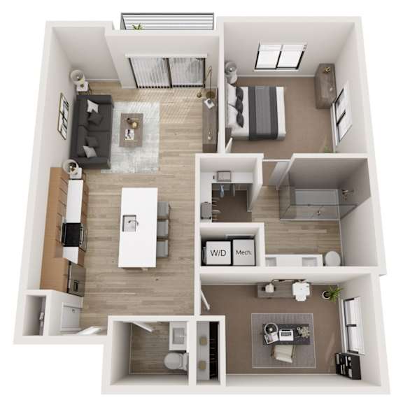 A top-down view of a modern apartment layout.