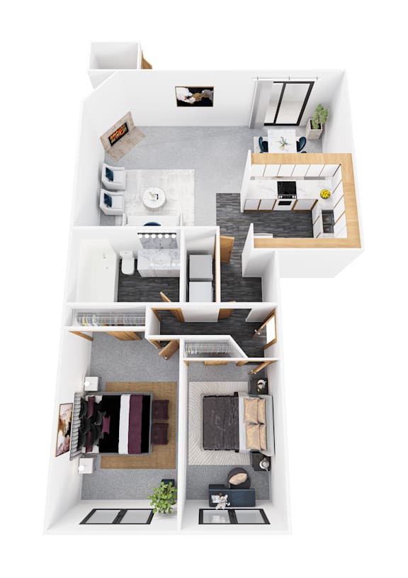A top-down view of a modern apartment layout.