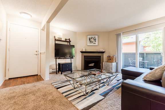 A living room with a fireplace and a television.