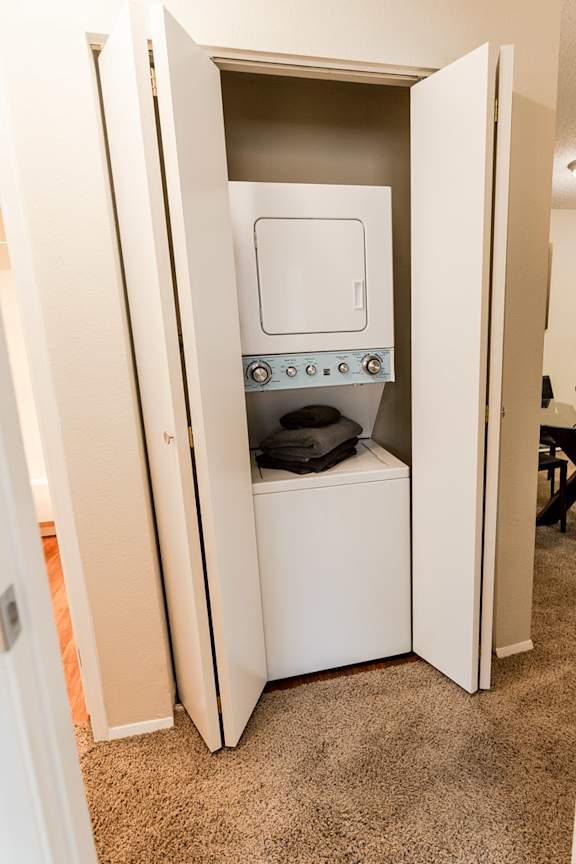 A white dryer is in a white cabinet.