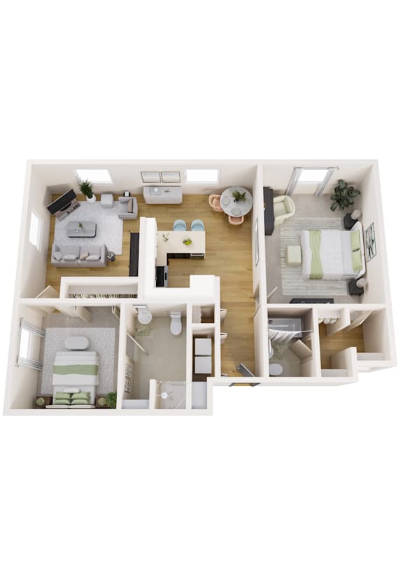 A white dollhouse with a kitchen, living room, and bedroom.