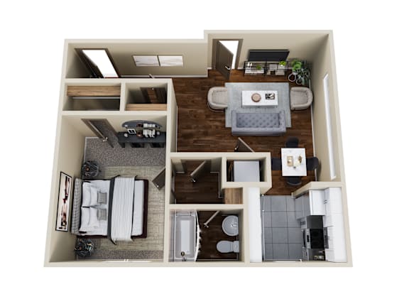 Floor Plan  A top-down view of a small apartment with a living room, kitchen, and bathroom.
