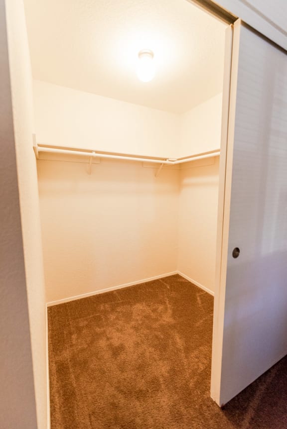 a empty bathroom with a closet and a door