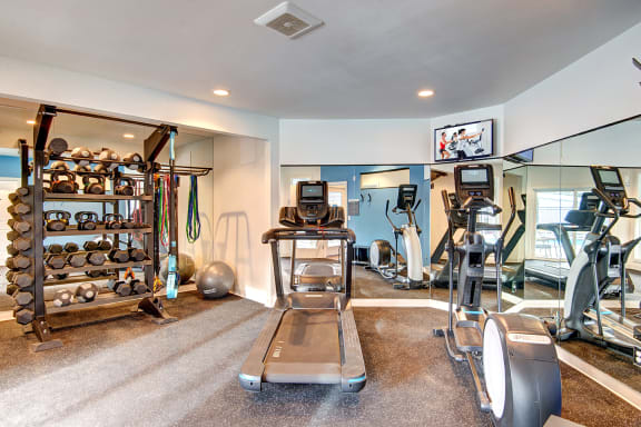 a gym with cardio machines and weights on the floor at The Lynx Apartments, Everett, WA