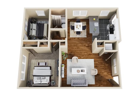 A top down view of a small apartment with a bedroom, living room, and kitchen.