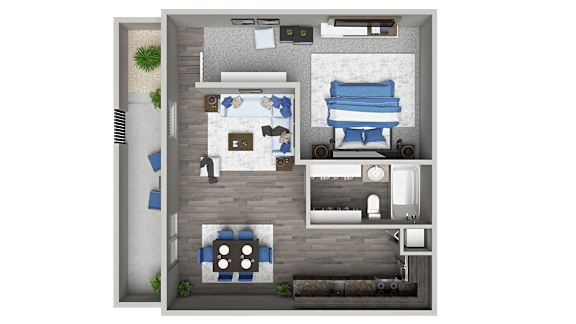 A 3D floor plan of a small apartment with a bedroom, living room, and kitchen.