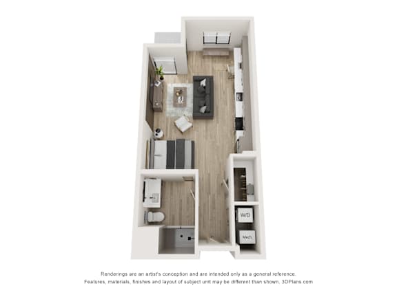 A floor plan of a small apartment with a kitchen, living room, and bathroom.