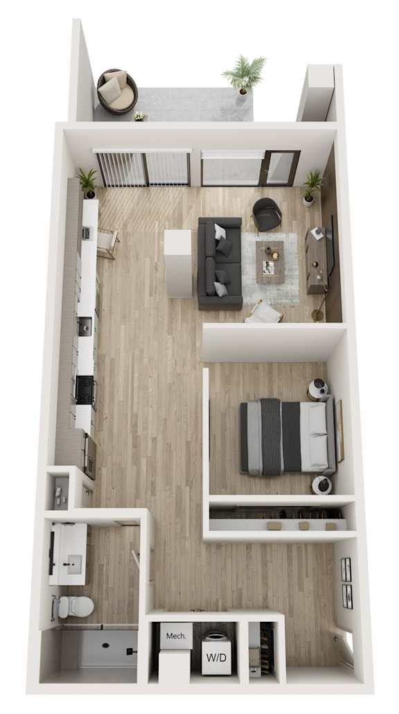 A top-down view of a small, neatly organized apartment with a kitchen, living room, and bathroom.