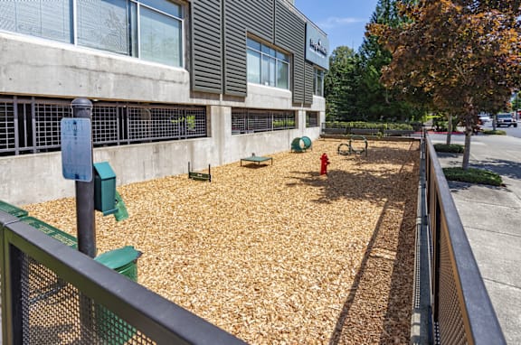A playground with a green fence and a red fire hydrant.